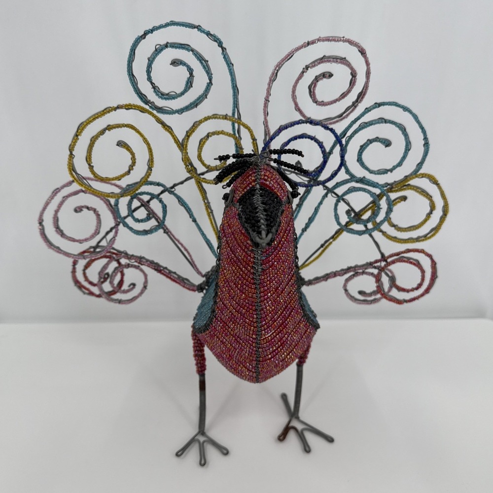 Beadworx Beaded Peacock Figurine Wire and‎ Bead Art Freestanding Bird - Picture 13 of 13